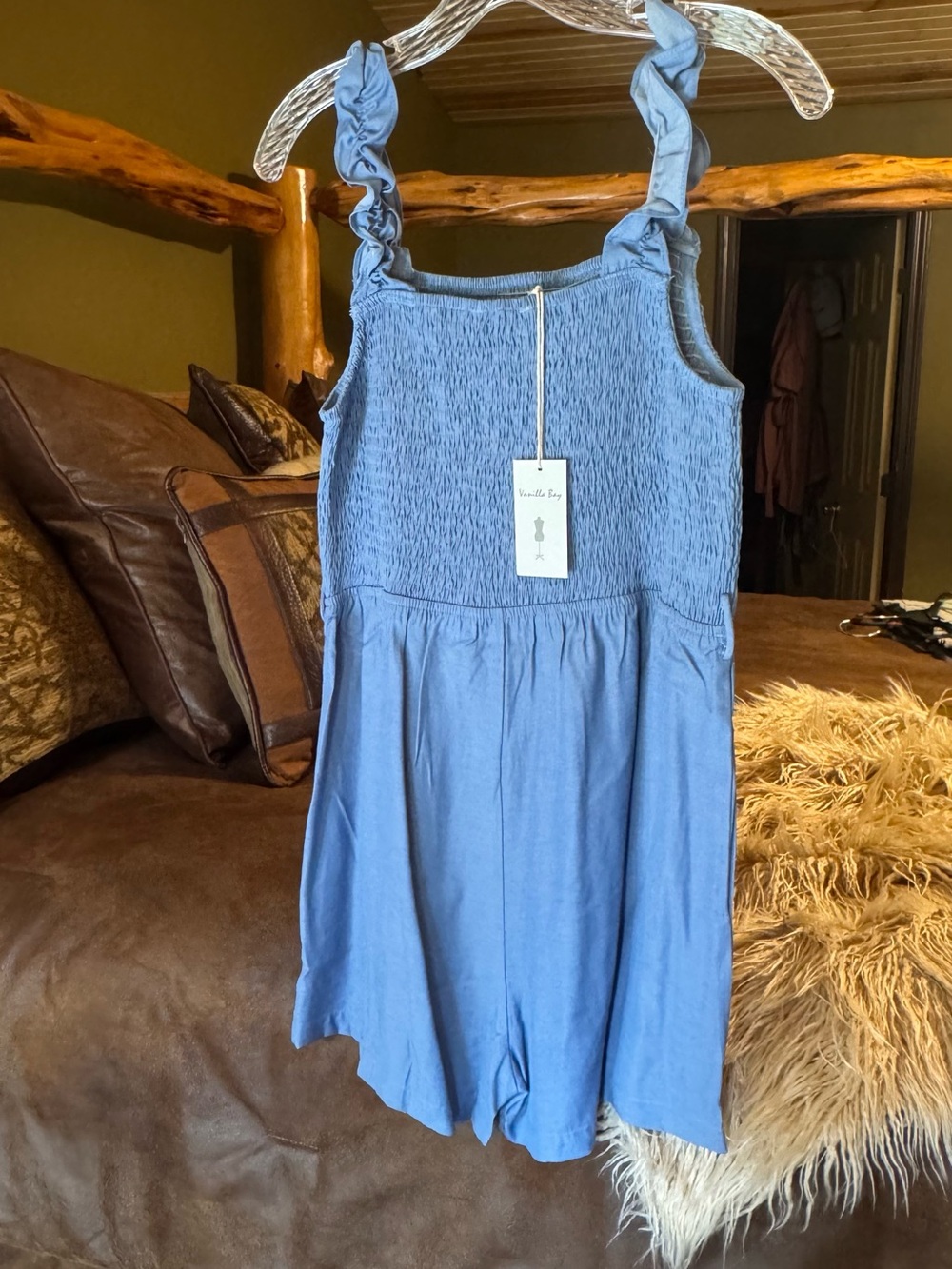 Smocked Blue Women’s Romper with Ruffled Straps
